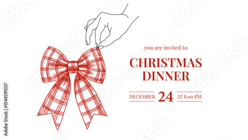 Christmas dinner invitation with sketch coquette bow. Holiday card, event invite, print template. Hand drawn line art vintage vector illustration