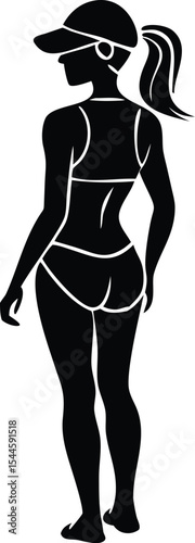 Silhouetted woman in swimsuit and cap walking towards beachside vacation or outdoor activity illustration