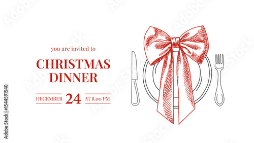 Christmas dinner invitation with sketch coquette bow. Holiday card, event invite, print template. Hand drawn line art vintage vector illustration