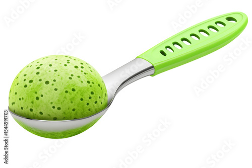 Capturing a scoop of green kiwi sorbet refreshing and vibrant held aloft in a shiny metal on transparent background