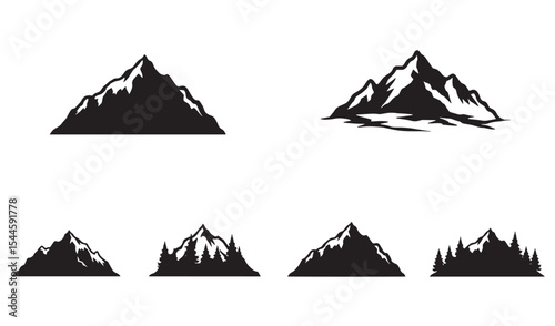 Collection of black and white mountain silhouettes illustrating nature landscapes and outdoors
