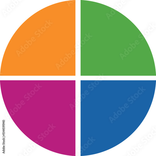 Colorful overlapping circles of infographic pie chart divided into 4 parts. Diagram, chart with 4 steps, options, parts, processes with colorful petals. Vector Illustration.