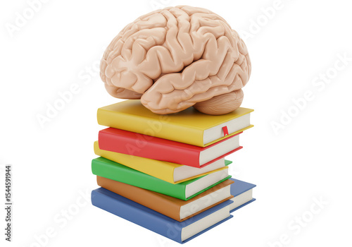 Isolated Brain Atop Stack of Colorful Books
