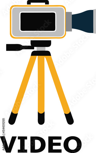 Vector illustration of a video camera mounted on a tripod suitable for video production and filming digital content against a white background.