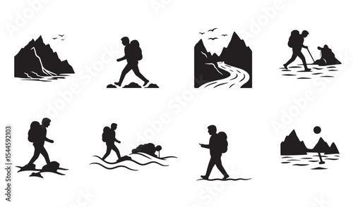Collection of hiking adventure illustrations depicting mountainous landscapes and backpackers in silhouette