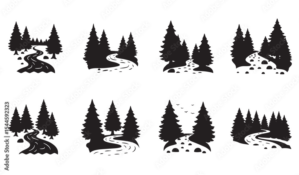Obraz premium Collection of minimalist forest landscapes featuring trees rivers and nature silhouettes