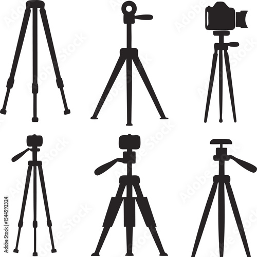 Vector illustrations of various tripod designs and camera support accessories in different configurations suitable for photography and videography equipment needs