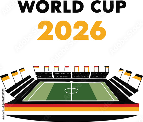 World cup 2026 announcement illustration with stadium soccer field and flags sports event promotion design