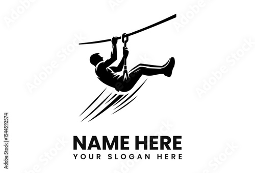 Silhouette of a person ziplining, dynamic action, adventure, speed, thrill.