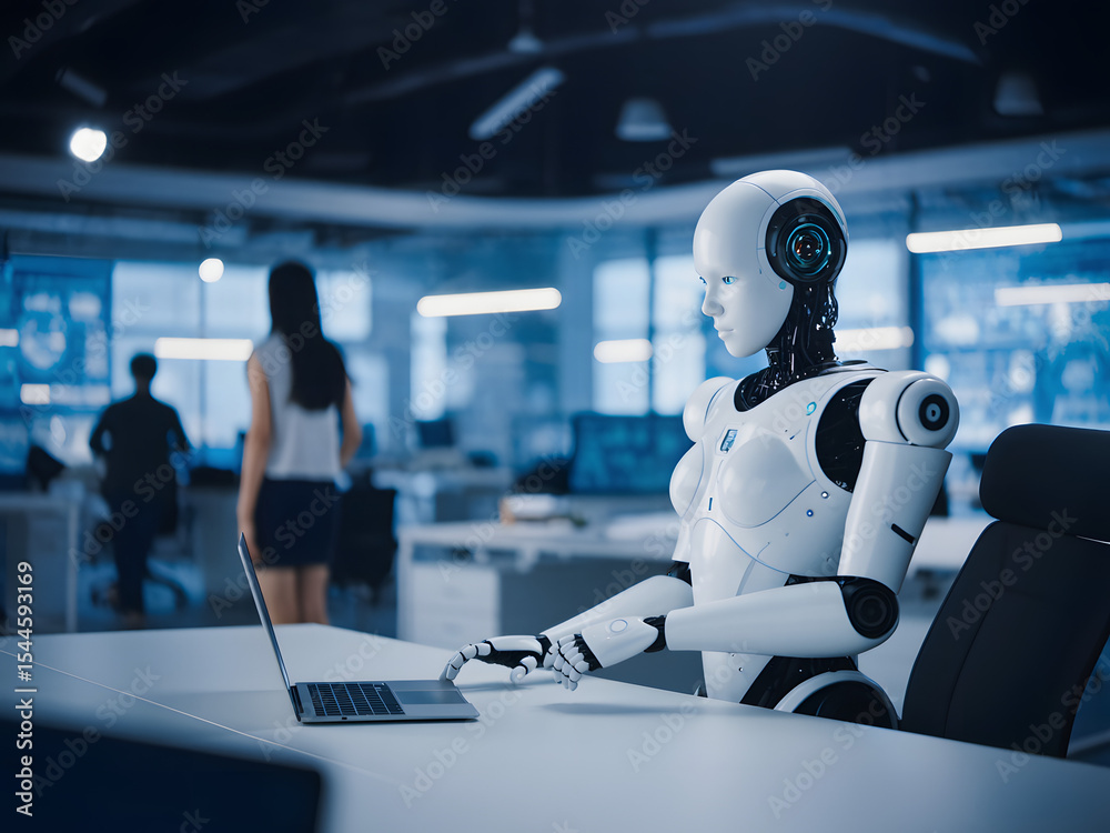 Artificial Intelligence Robot Using Advanced Technology in a Modern Office Setting. An AI robot interacts with a digital interface in a contemporary office, showcasing futuristic technology trends. Artificial Intelligence Robot Using Advanced Technology in a Modern Office Setting. An AI robot interacts with a digital interface in a contemporary office, showcasing futuristic technology trends.