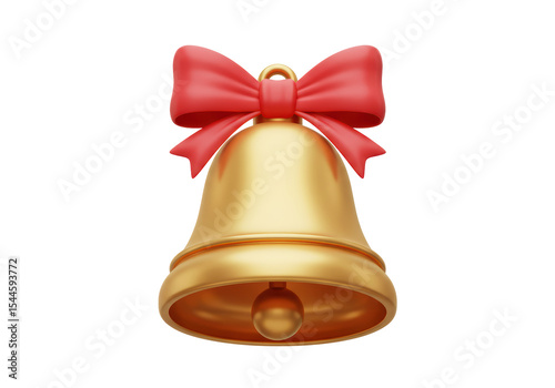 Isolated Golden Christmas Bell Red Bow Ornament