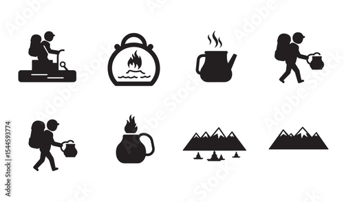 Illustrated black and white camping and hiking icon set for outdoors adventures