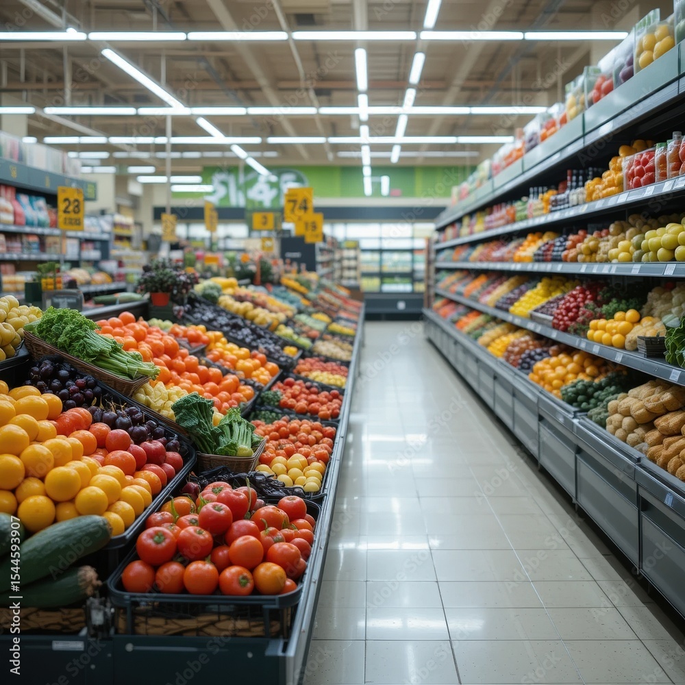 Fototapeta premium The stores brightly lit fruit and vegetable section is full of fresh goods. Bright rows with cauliflower, grapes and lemons