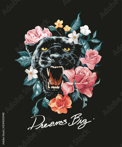 roaring panther and colorful flowers bouquet vector illustration  