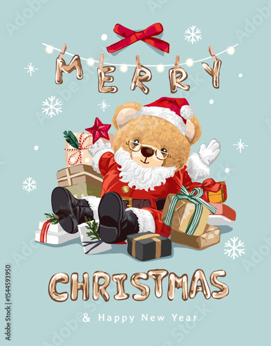 Merry Christmas card with bear doll in Santa Claus costume and presents vector illustration