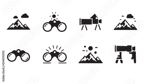 Illustrated vector icons representing mountain peaks binoculars telescopes and related outdoor elements