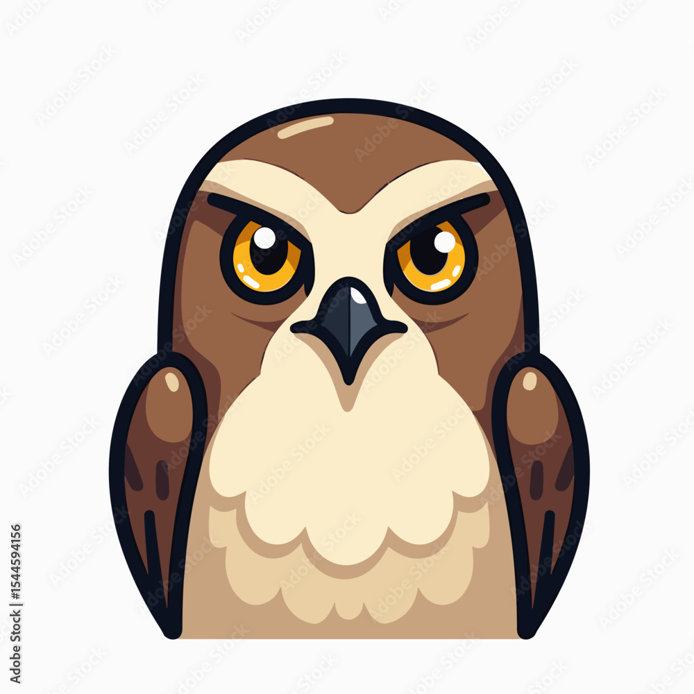 Obraz premium Cartoon Owl Illustration with Brown and Cream Feathers, Black Beak, and Yellow Eyes on White Background