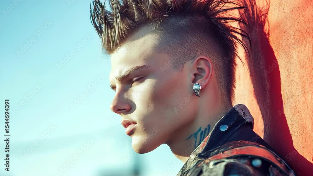 Rebel Man with Mohawk Hair and Piercings Against Red Wall