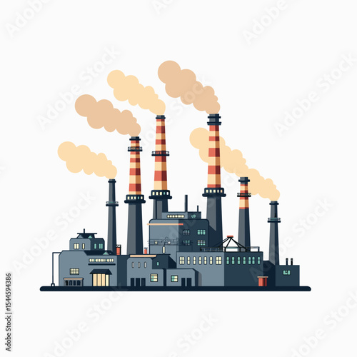 Stylized Vector Illustration of a Large Industrial Factory with Multiple Smokestacks Emitting Smoke