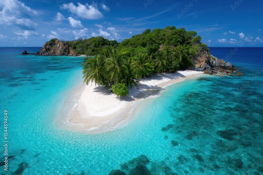 Fototapeta premium Tropical island with clear blue water and lush greenery under a bright sky