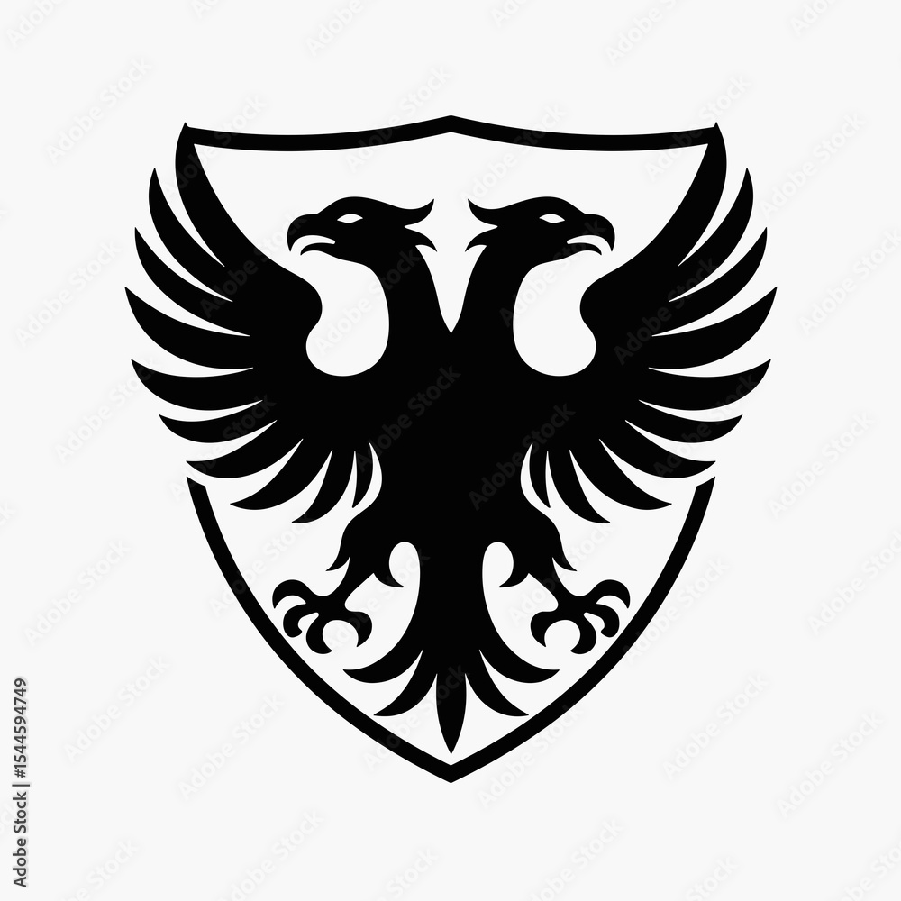 Obraz premium Heraldic Two-Headed Eagle Emblem on Shield, Black and White Vector Illustration for Logo Design