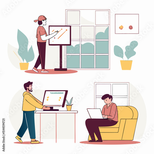 A vector illustration, modern living and working, white background.
