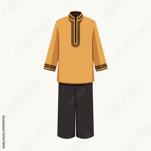 Illustration of a Traditional Kurta Pajama Outfit in Beige and Black with Intricate Embroidery
