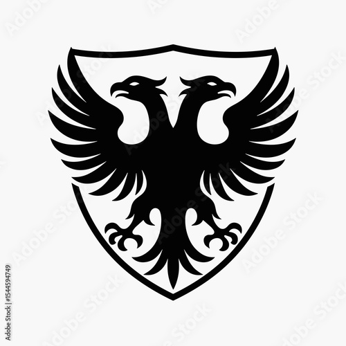 Heraldic Two-Headed Eagle Emblem on Shield, Black and White Vector Illustration for Logo Design