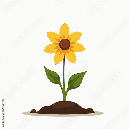 Illustration of a Yellow Sunflower Growing from Soil, Representing Growth and New Beginnings on White Background