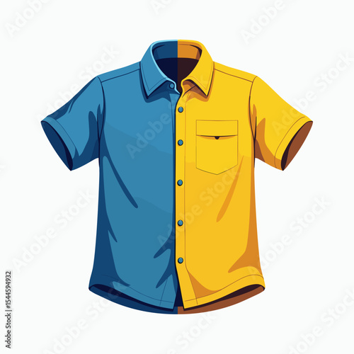 Brightly Colored Two-Tone Short Sleeve Shirt Illustration in Blue and Yellow with Pocket Detail