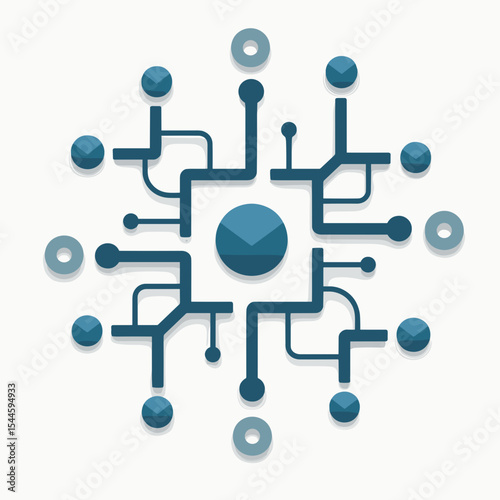 Abstract Blue Circuit Board Design with Central Node and Circular Connections Illustration