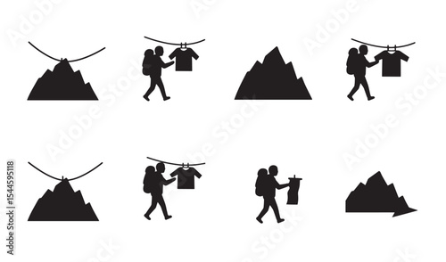 Set of minimalist black and white icons depicting hiking and mountain activities