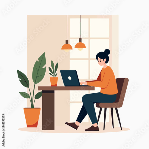 Woman Working from Home on Laptop with Plants and Modern Interior Illustration