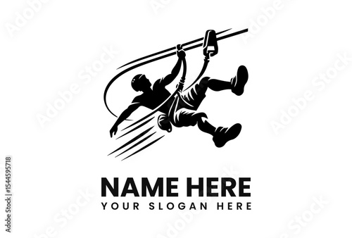 Silhouette of a person ziplining through the air, adventure logo.