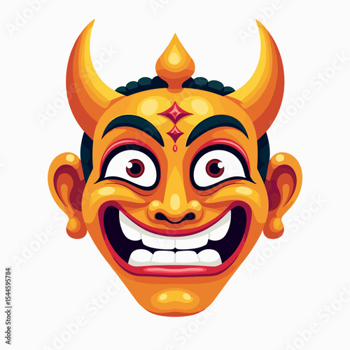 Cartoon Illustration of a Golden Demon Mask with Horns and Wide Grin, Depicting a Mythical Creature