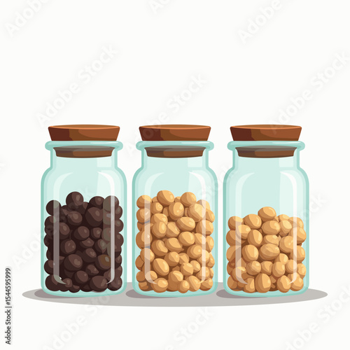 Three Glass Jars with Different Types of Seeds or Spices Vector Illustration