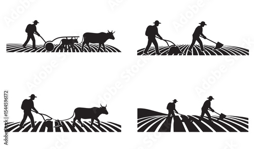 Silhouette illustration of farmers cultivating fields with equipment and cattle in black and white