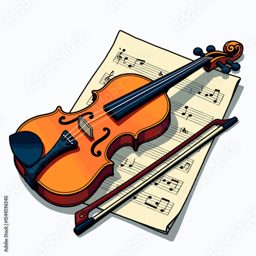 Illustration of a Violin and Bow Resting on Sheet Music, a Classical Musical Instrument