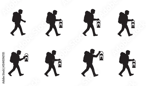 Silhouettes of a hiker carrying a backpack and lantern walking on a journey