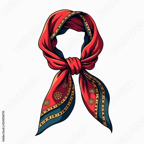 Elegant Red and Gold Patterned Scarf Tied in a Decorative Knot, Fashion Accessory Illustration