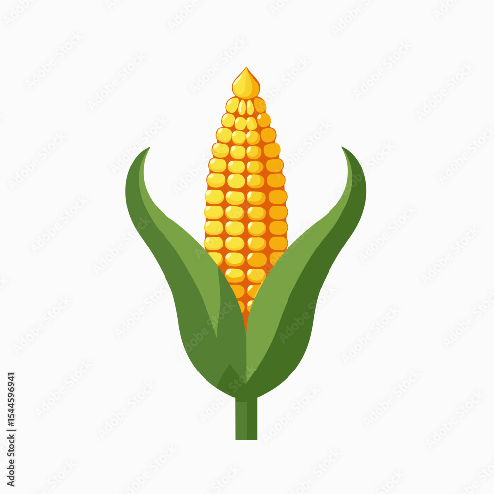 Obraz premium Cartoon Corn on the Cob Illustration with Green Leaves and Yellow Kernels, Isolated on White Background