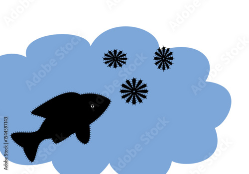 Stylized Fish Silhouette with Abstract Blue Water and Black Floral Shapes | Minimalist Aquatic Illustration for Children's Books, Ecological Education Materials and Creative Design Projects