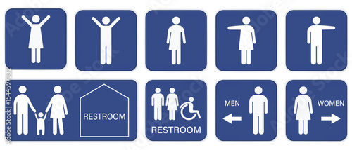 Set of restroom signs. Toilet signs. Men, women and cripple WC icon stickers. Male and Female toilet symbols.
