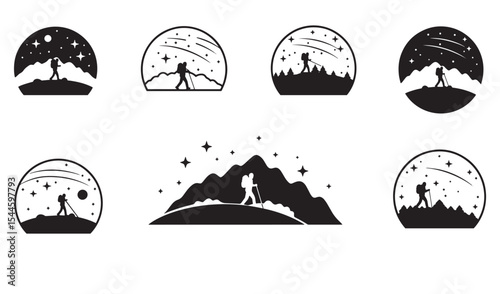Vector illustrations of hiking silhouette set against night sky and mountains