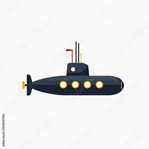 Cartoon Submarine Vector Illustration with Portholes and Antennas Isolated on White Background