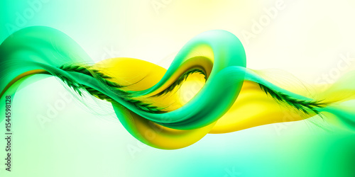 A flowing abstract design with green and yellow colors and a leafy branch element