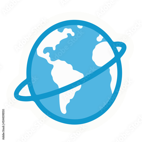 A stylized blue globe encircled by a ring, symbolizing global connection and communication.