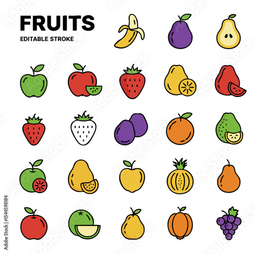 Fruits Line Icons Set with Editable Stroke — Vector  Illustration