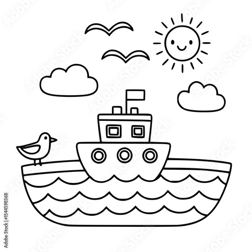 Cartoon Ship Sailing in Ocean with Sun and Clouds