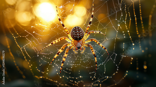 A macro photograph of a spider on a web in the morning light. Drops of water glisten on the threads, highlighting the elegance of the structure and the beauty of nature.